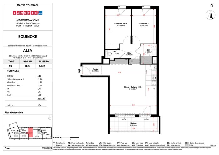 Plan de vente appartement T3 Type 3 programme neuf Equinoxe quartier du Sillon à Saint-Malo