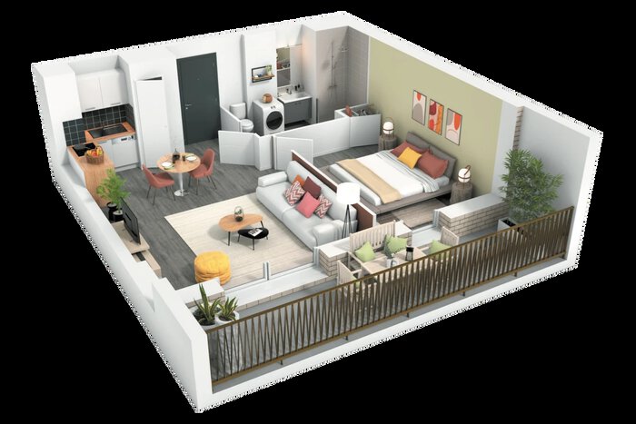 Maquette 3d appartement neuf T2 programme Ker Silva Magnolias