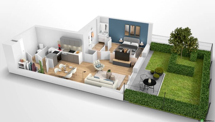 Maquette 3d intérieur appartement neuf T2 programme Paraméa