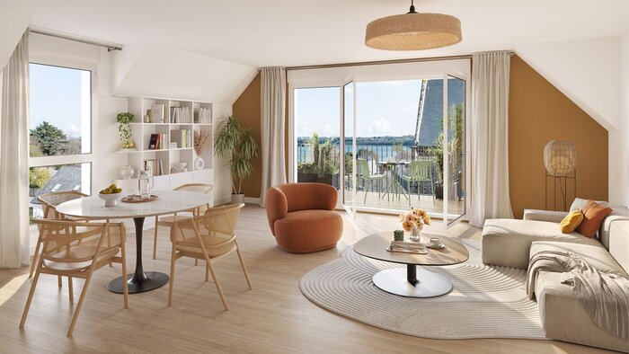 Ambiance intérieur chambre appartement neuf Rive Émeraude